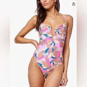 l*space Pink Multi Floral-Print Plunge One-Piece Swimsuit